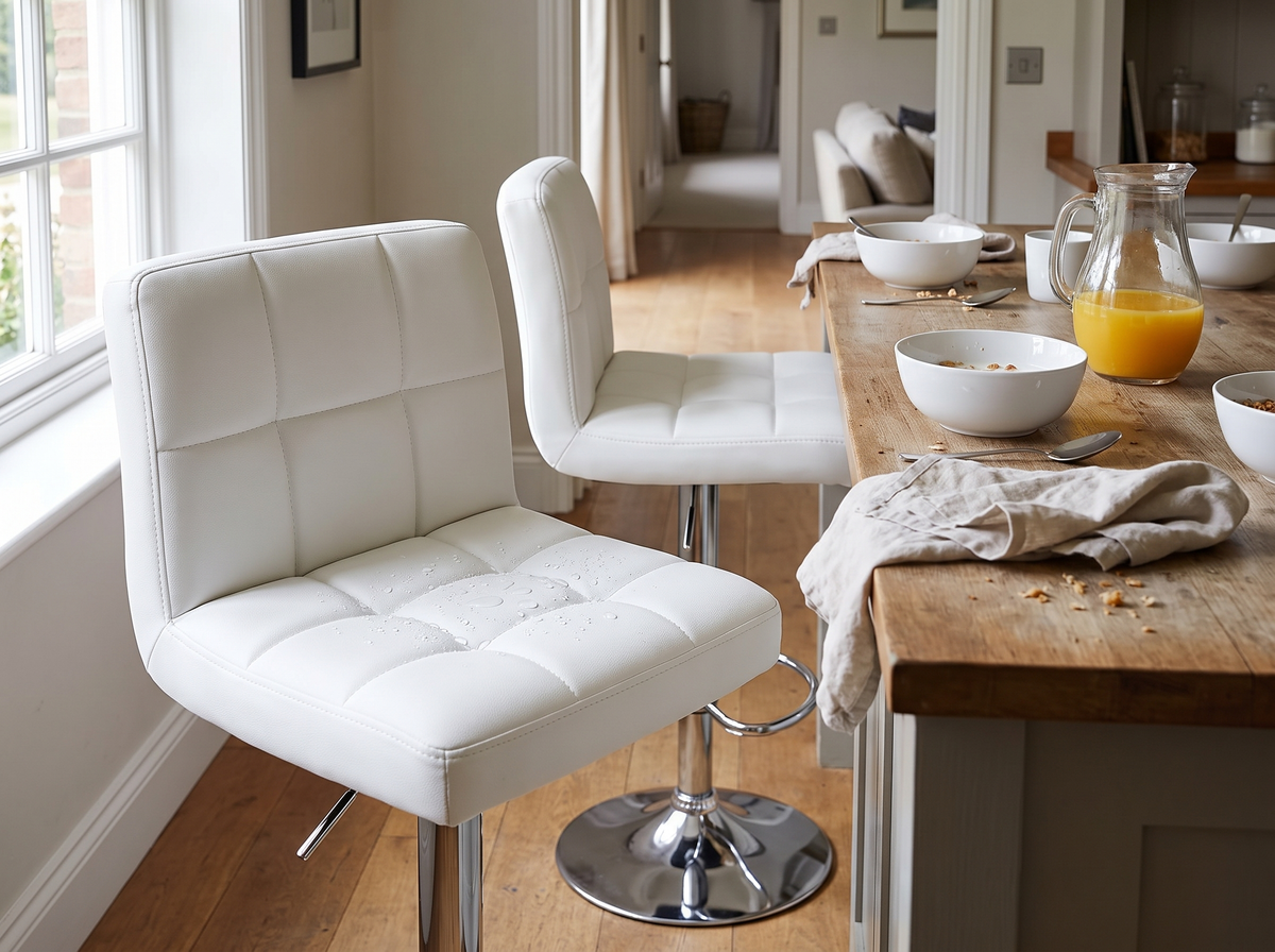 Close view of the white quilted PU leather bar stool seats at a kitchen island