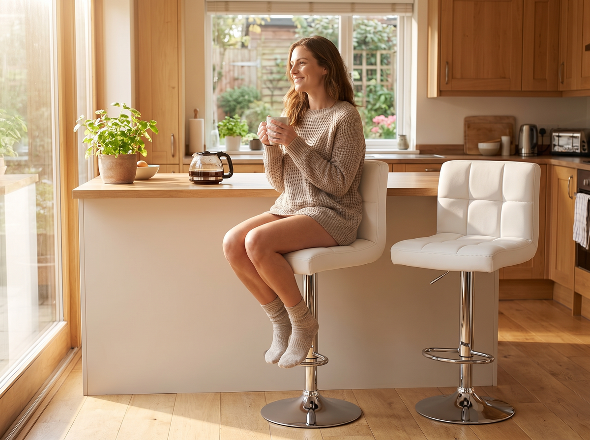 Woman sitting comfortably on a white quilted bar stool with her feet on the chrome footrest