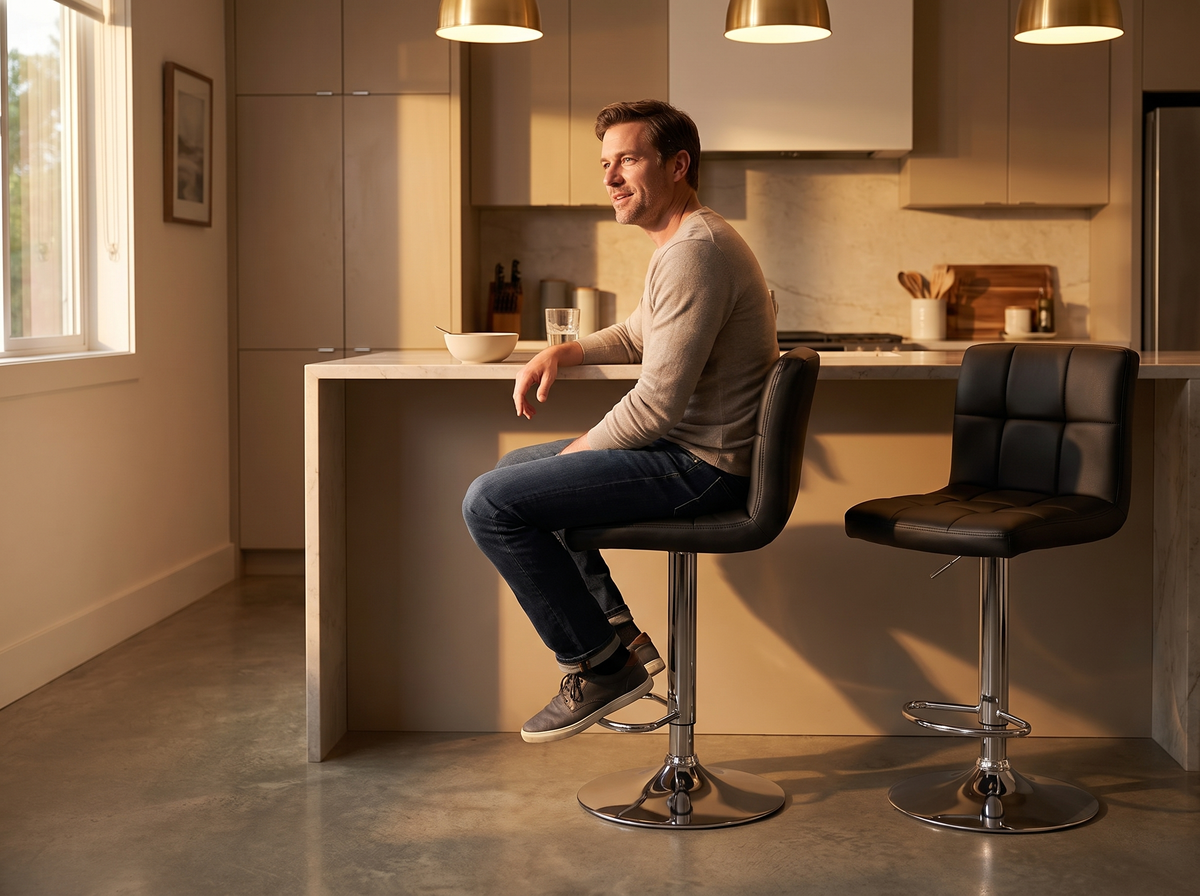 Man sitting comfortably on a black quilted bar stool with his feet on the chrome footrest