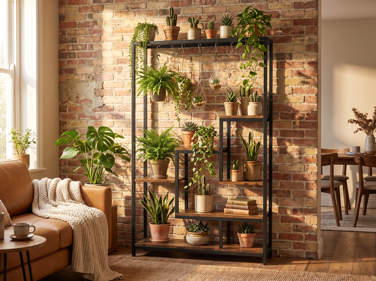 Brown 5 tier metal plant stand against an exposed brick wall with sunlight reaching every tier