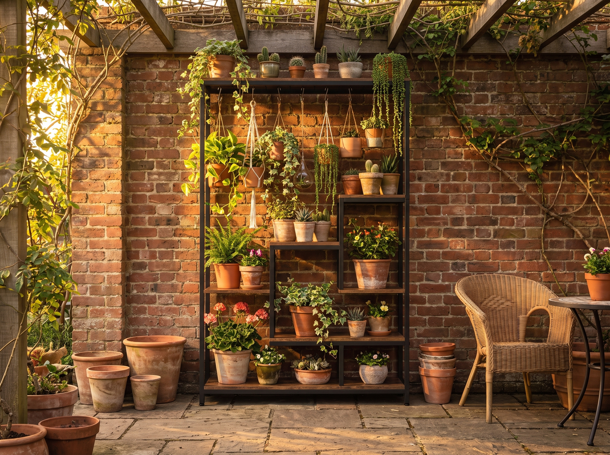 Brown 5 tier metal plant stand on a covered patio with plants hanging from the S hooks on the top rail