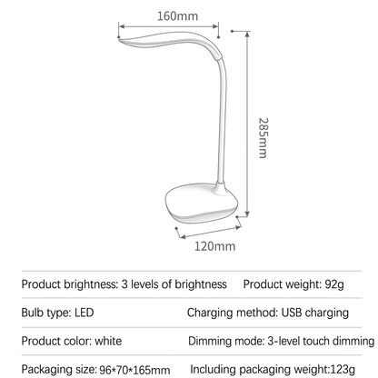 LED desk lamp dimensions and specifications diagram