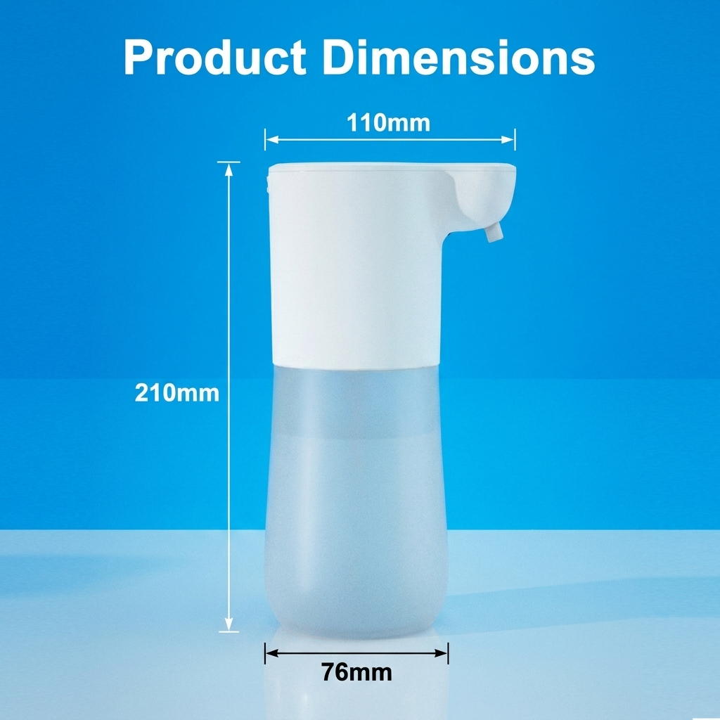 Automatic soap dispenser product dimensions diagram, 110mm wide, 210mm tall, 76mm base