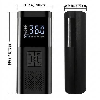 Portable tire inflator dimensions: 3.07 x 2.24 x 6.97 inches